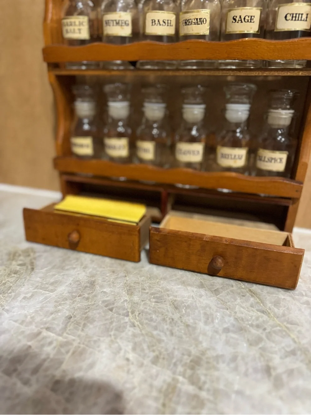 Vintage Wooden Spice Rack with Glass Jars - Brown